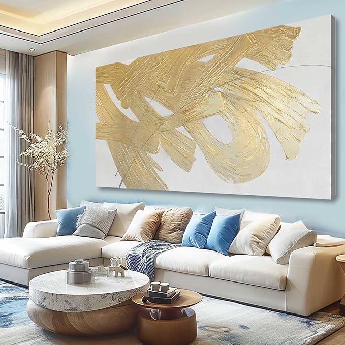 XIANSHOU Wall Decorations for Living Room Gold and White Abstract Canvas Art Oil Painting Large Minimalist Decor Wall Art for Office Bedroom Home 29"x 58"