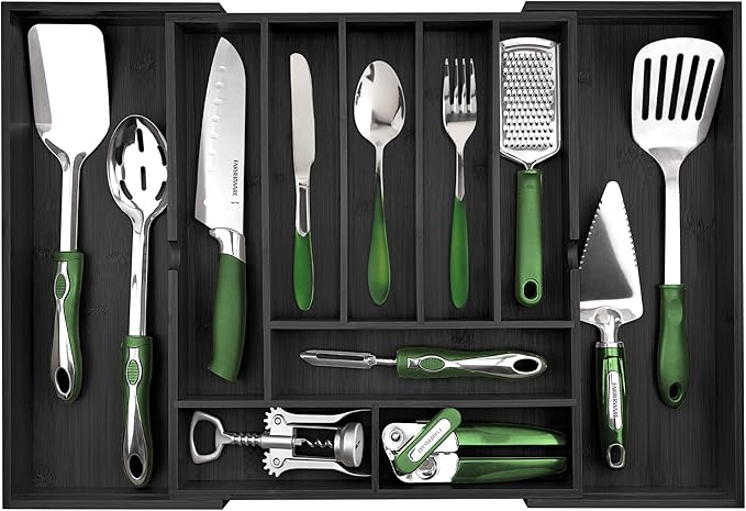 Silverware Organizer - Expandable Kitchen Drawer Organizer - Adjustable Kitchen Drawer Organizer for Utensils, Expandable to 25 Inches Wide, 10 Slots - Black