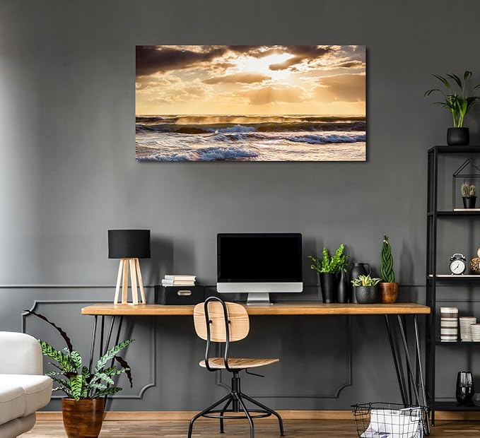 Sunset Ocean Canvas Wall Art - Ocean Waves Wall Decor Glow Sea Scene Picture Painting Nature Landscape Prints Sunset Over the Ocean Painting Artwork Living Room Bedroom Office Home 20" x 40"