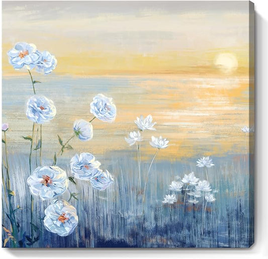 Bathroom Decor Wall Art Blue Ocean Sunset Seascape Painting Seaside Wildflowers Picture Abstract Coastal Canvas Print Natural Scenery Sunrise With Yellow Orange Sky Landscape Framed Artwork 14x14inch