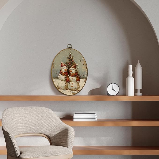 CUANFDDSF Vintage Christmas Snowman Oval Wall Art Decor, Farmhouse Rustic Winter Xmas Snowman Wall Hanging Decor, Retro Christmas Framed Canvas Prints for Home Bedroom Living Room, 8.6x11.4 Inch