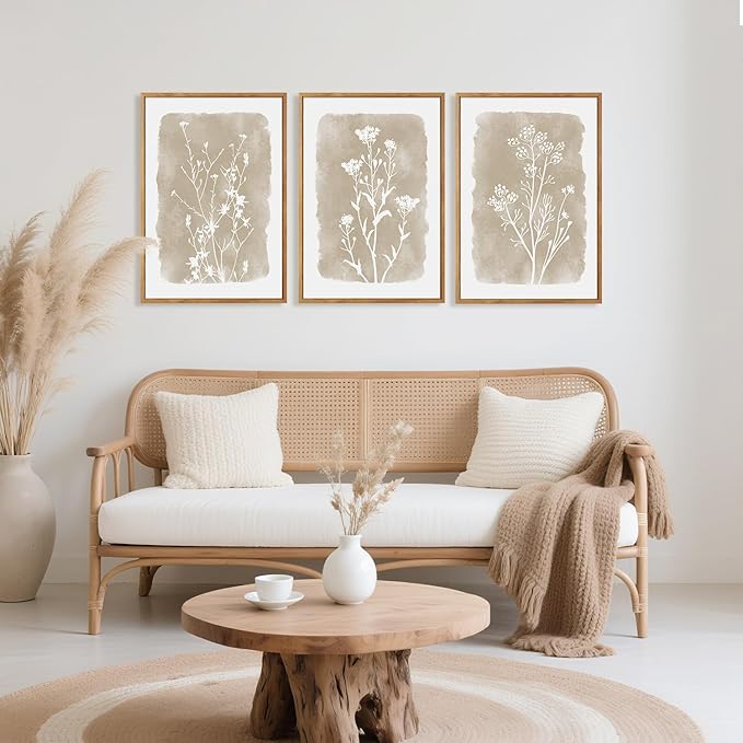CHDITB Minimalist Floral Framed Canvas Wall Art Set, Nature Inspired Botanical Wall Decor, Flower Silhouette Art Spiritual Wall Painting, Vintage Plant Wildflower Art Prints for Bedroom Office