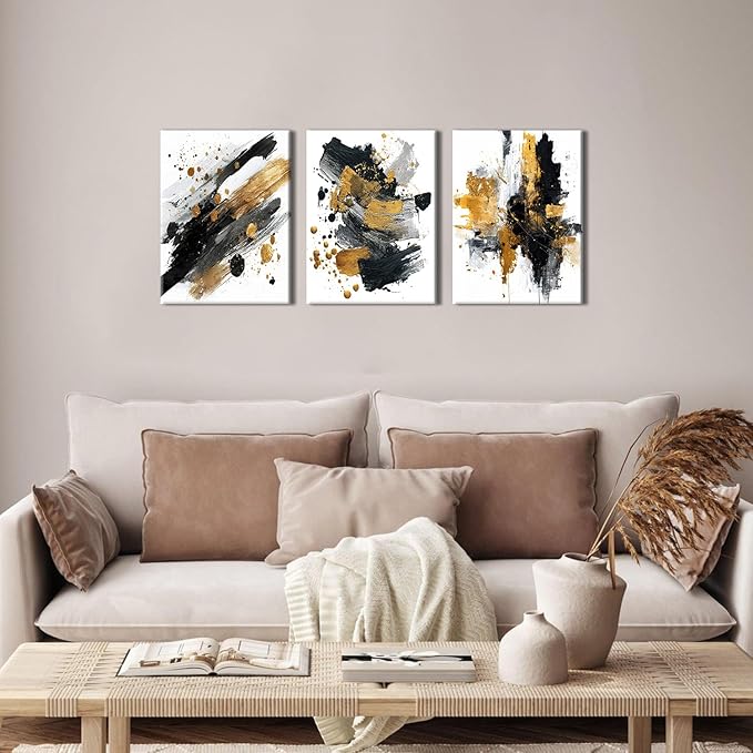 Black White and Gold Wall Art Abstrac Pictures Wall Decor Marble Ink Texture Walls Paintings for Living Room Bedroom Decor, Watercolor Gold Fluid Prints Posters Canvas Artwork Decorations 12x16” 3Pcs