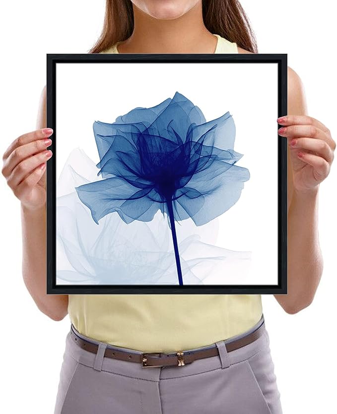 Pyradecor Black Framed Canvas Wall Art Blue Flickering Flower Modern Abstract Paintings Grace Floral Pictures for Bedroom Office Home Decorations