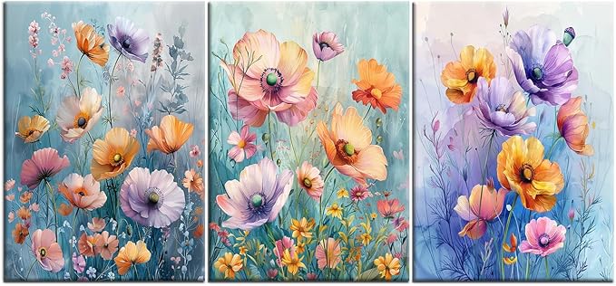Colorful Floral Poster Wall Art 3 Pieces Abstract Farmhouse Botanical Wildflower Daisy Wooden Framed Print on Canvas Painting Artwork for Living Room Gym Hotel Office Ready to Hang [60''W x 28''H]