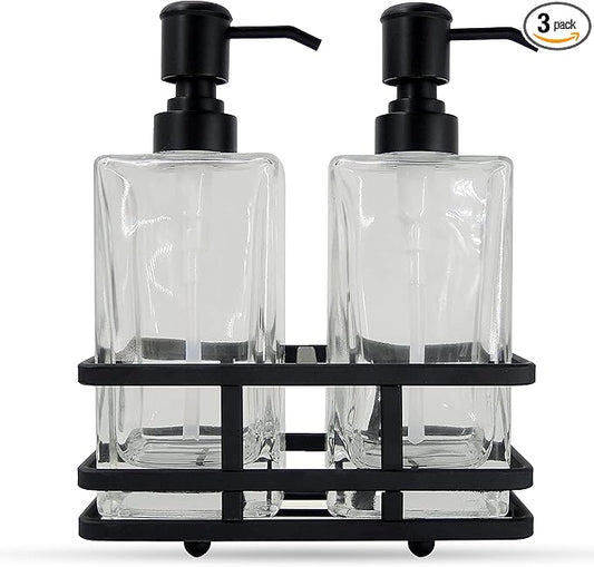 Square Glass Clear Lotion and Soap Pump Dispenser Set with Metal Stand Caddy for Bathroom Bath Kitchen Home Office Travel Hotel Hand Crafted Heavy Weight Matte Black