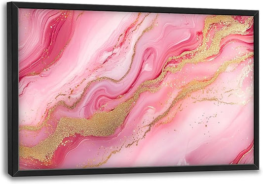Lovira Abstract Pink Marble Large Wall Art Gold Wave Canvas Wall Decor Pictures Prints Painting Framed Modern Artwork for Living Room Bedroom Bathroom Office 24"x36"