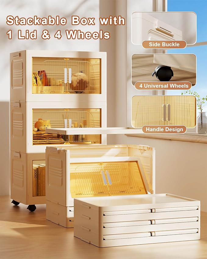 228QT Stackable Storage Bins with Lids 3 Pack, 57Gal Storage Containers with Smooth-Rolling Wheels, Plastic Closet Organizers and Storage, Collapsible Storage Bins for Home, Office and Dorm