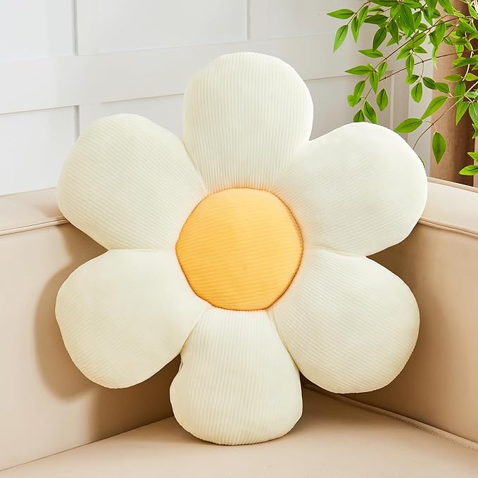 White Yellow Flower Pillow, 19.6" Cute Flower Shaped Floor Pillow, Aesthetic Floral Plush Daisy Decorative Throw Pillows for Bed Sofa Couch