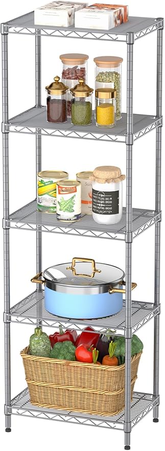SINGAYE 5 Tier Shelf Wire Shelving Adjustable Storage Shelves Rack Standing Units for Kitchen Closet Laundry Bathroom Organizers Metal Pantry Narrow Mesh Gaps 10" D x 16" W x 55" H Gray