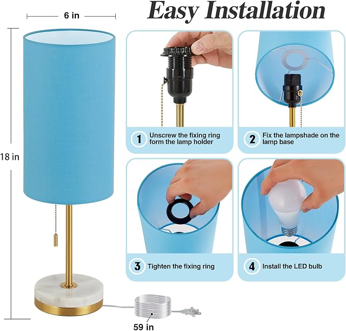 Luvkczc Minimalist Table Lamp Set of 2, Nightstand Lamp for Bedroom Living Room, Modern Pull Chain Bedside Lamp with Marble Base, Fabric Shade, Small Desk Lamp for Home, Office, Reading,Blue