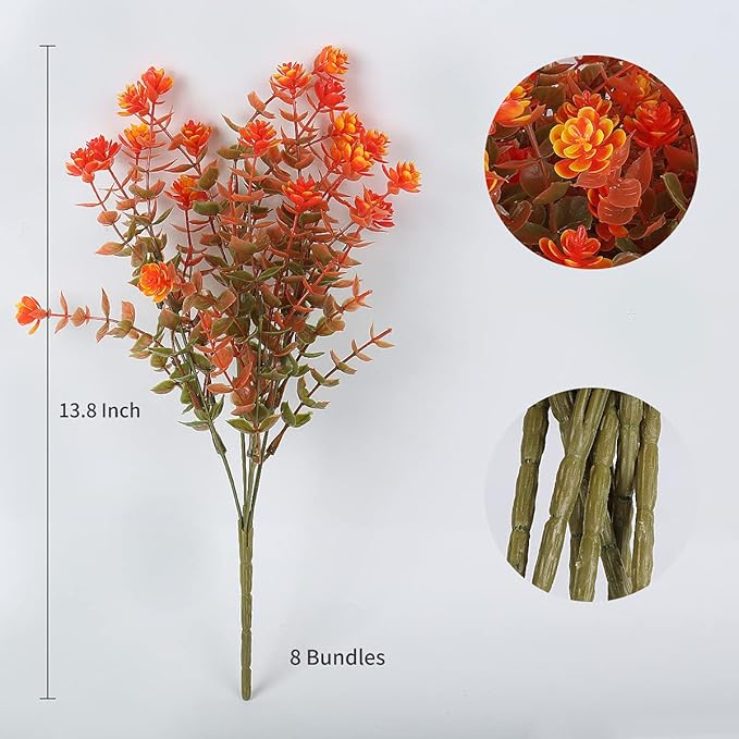 RECUTMS 8 Bundles Artificial Fall Flowers No Fade Faux Autumn Plants, Fake Indoor Outdoor Greenery Decorations for Thanksgiving Christmas Wedding Party Home Garden Fireplace Décor (Green Orange)