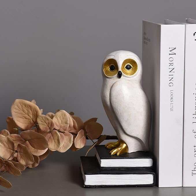 Book Ends for Shelves, Owl Decorative Bookends Bronze Bird Book Stopper Unique Kids Book Holders with Anti-Slip Base Luxurious Bookends for Kids Rooms Office Home Decor(White)