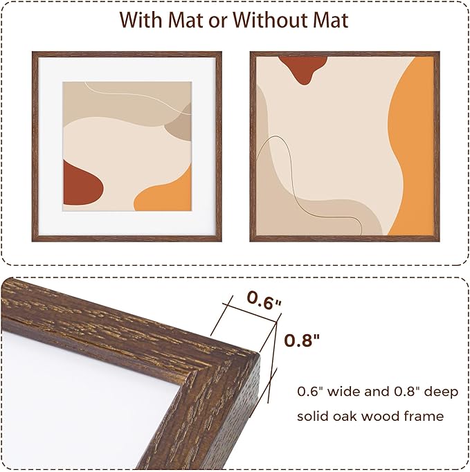16x16 Picture Frames for Wall, Square Picture Frame 16 x 16 - Solid Oak Wood, Tempered Glass, 16x16 Frame Matted to 12x12, 16"x16" Wood Photo Frames - Walnut Color, 1 Pack