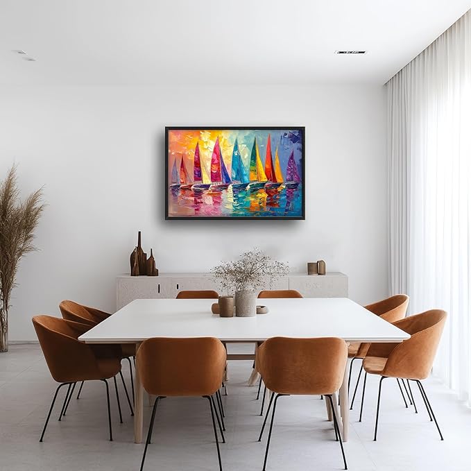 Large Coastal Sailboat Framed Wall Art for Living Room, Colorful Sailboats Canvas Wall Decor, Vintage Nautical Pictures Painting, Modern Landscape Artwork for Bedroom 36L'' × 24W''