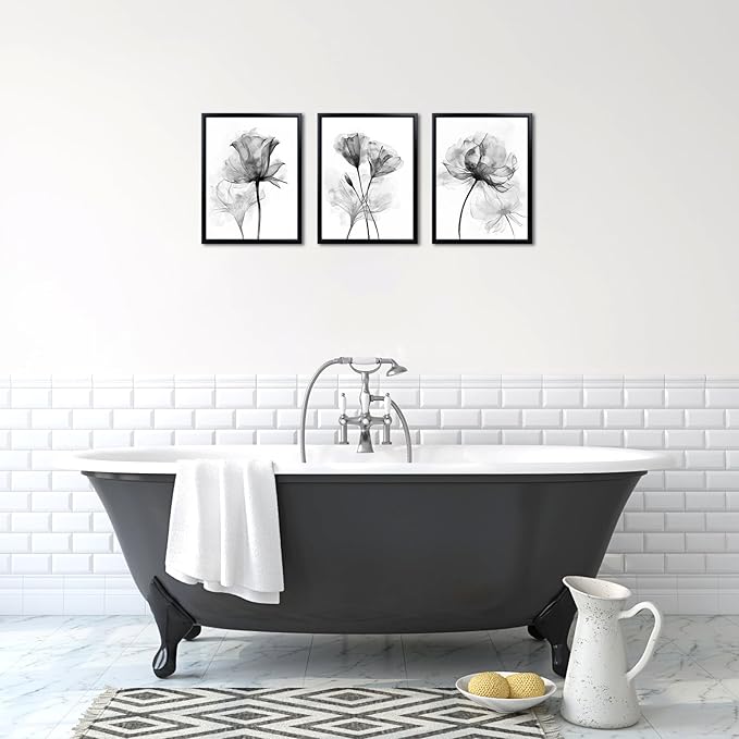 Framed Black and White Floral Bathroom Wall Decor Abstract Grey Flowers Canvas wall art for Living Room Office Bedroom Decor