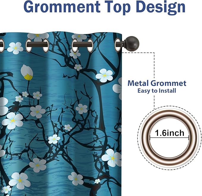Jekeno Flowers Floral Blackout Curtains Japanese Cherry Blossom Spring Decor Home Bedroom Living Room Blue Darkening Grommet Window Drapes 2 Panel Set, 52"x84"