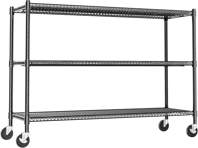 Heavy Duty Shelving, 51.6" H Garage Shelving Unit with Wheels, 3-Tier Garage Storage Shelves Metal Shelves Rack, Adjustable Industrial Shelving for Warehouse Storage, 60" W x 24" D x 51.6" H, Black