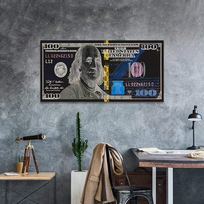 Inspirational Benjamin Franjlin 100 Dollar Money Canvas Wall Art Nordic Western Paintings USD Money Office Artwork HD Print for Guest Room Rest Room Wall Hangings Wooden Framed Ready to Hang-40"Wx20"H
