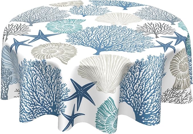 Kawani Nautical Coastal Tablecloth Round 60 Inch Seashell Beach Round Tablecloth 60 Inch Sea Ocean Summer Circle Tabletop Decor Sea Coral Table Covers for Home Kitchen Dinner Holiday Party Picnic