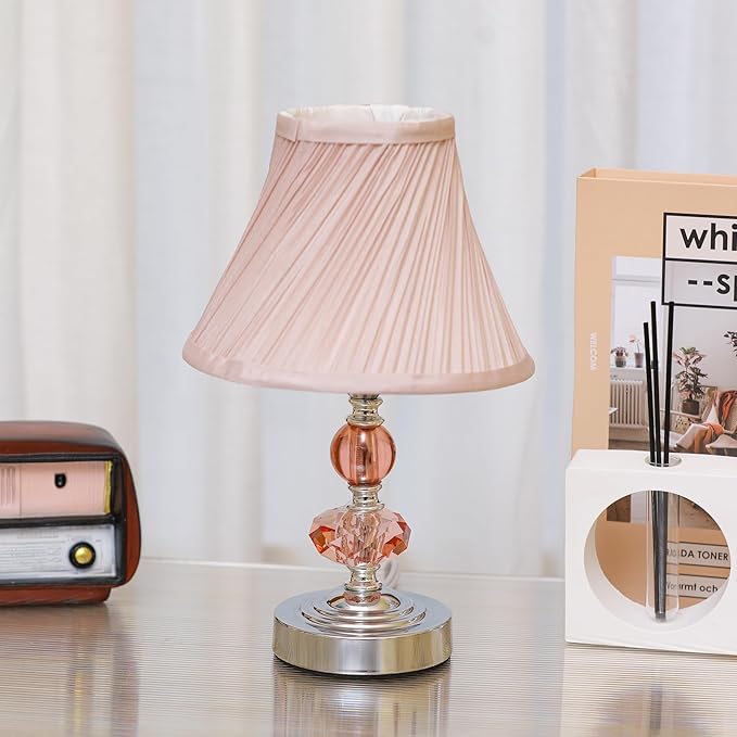 Small Modern Crystal Bedside Table Lamp, 7 x 7 x 12 Inch Electroplaetd Silver Base Table Lamp for Bedrooms and Office (Pink Pleated Bell Shape Shade)