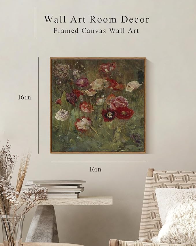 InSimSea Square Framed Canvas Wall Art, Classical Floral Scenic Paintings Wall Decor, Desk Decor, Rustic Flowers Wall Art Prints for Living Room Bedroom Bathroom, Office Home 16"x16"
