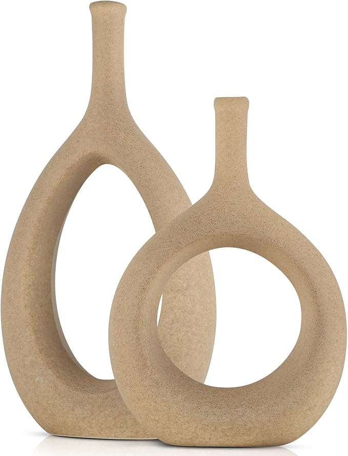 LCCCK Matte Beige Ceramic Vase, Tan Circle Vases with Hole, Neutral Rustic Centerpiece Table Decorations Flower Vase, Minimalist Vase Farmhouse Dinner Decor