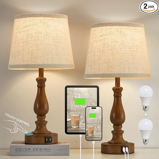 Classical Table Lamps for Bedrooms Set of 2 - Touch Bedside Lamps with Dual USB Ports, 3 Way Dimmable Nightstand Lamps for End Tables, Farmhouse Night Stand Lamps for Living Room Guest Room