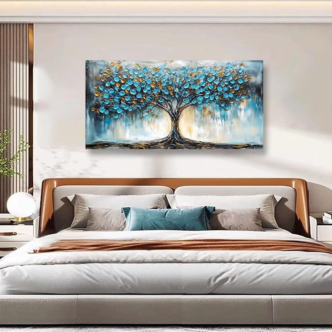 Blue Tree Pictures Canvas Wall Art for Living room Office Bedroom Wall Decor,Abstract Wall Art Print Modern Noble Blue Tree Oil Painting Artwork Waterproof Ready to Hang-20x40inch