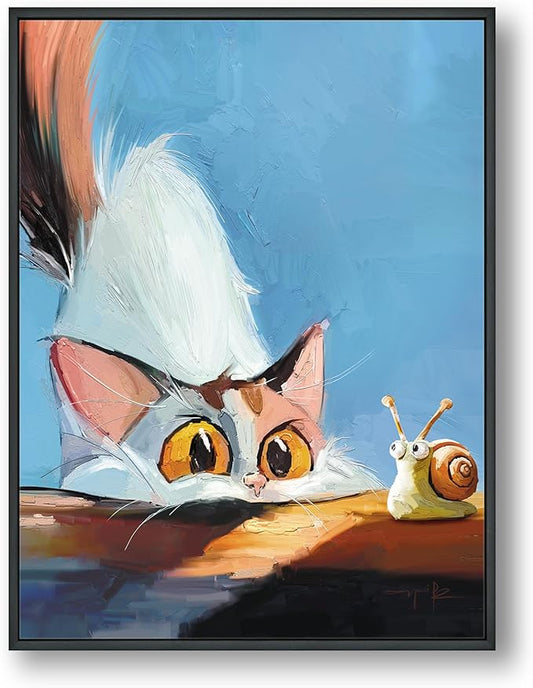 TimAsh Unframed Funny Cat Wall Art Cat Staring at Snail Canvas Wall Decor Cartoon Cute Kitten Poster Painting Prints for Bedroom Bathroom Living Room 16'' x 12''