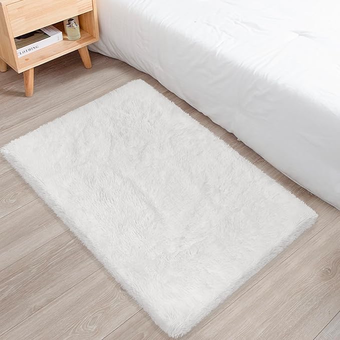 Small Area Rug for Bedroom 2x3ft Mini White Fluffy Rug Mat Bedside Throw Rug for Kids Room Boys Teens Nursery Baby Dorm Living Room Home Decor Aesthetic Carpets