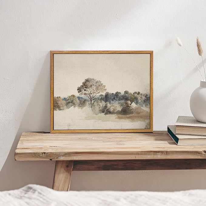 KBKBART Framed Vintage Neutral Wall Art Prints, Antique Rustic Muted Landscape Canvas Painting, Retro Countryside Nature Wilderness Illustrations Farmhouse Decor, Neutral Vintage Decor Ready To Hang