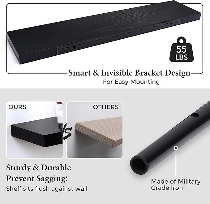 Axeman Floating Shelves, 8 Inch Deep Modern Solid Wood Wall Shelves for Storage, Wall Mounted Display Shelving with Invisible Heavy-Duty Metal Bracket, 36" W x 8" D x 1.6" H, Distressed Black