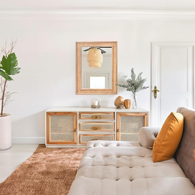 Rattan Wall Mounted Mirror 24"x32" Wood Framed Farmhouse Hanging Bathroom Mirror Decorative Rectangle Wall Mirror Leaning Against for Bedroom Living Room