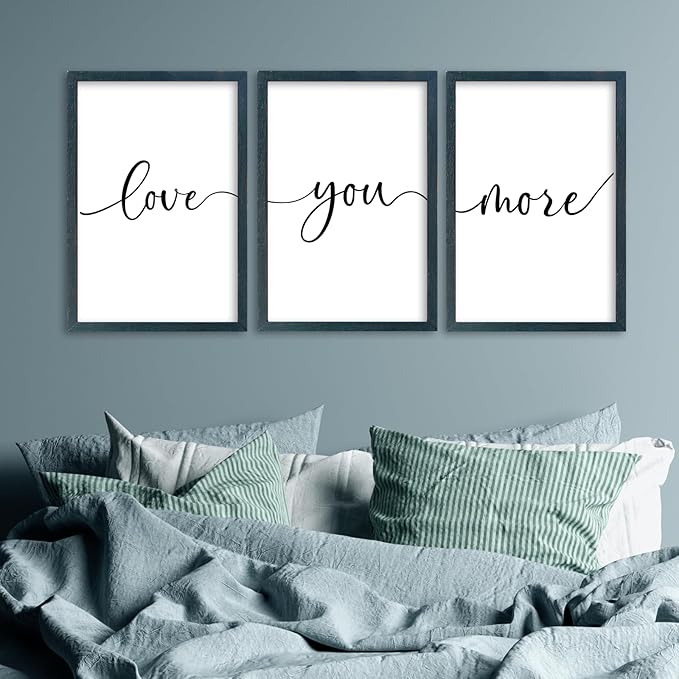 SRSZHIYUE Bedroom Wall Decor Love You More Sign 16"×11" Set of 3 Framed Wood Above Over Bed Signs Wall Art for Master Bedroom Hanging Decoration (Black)