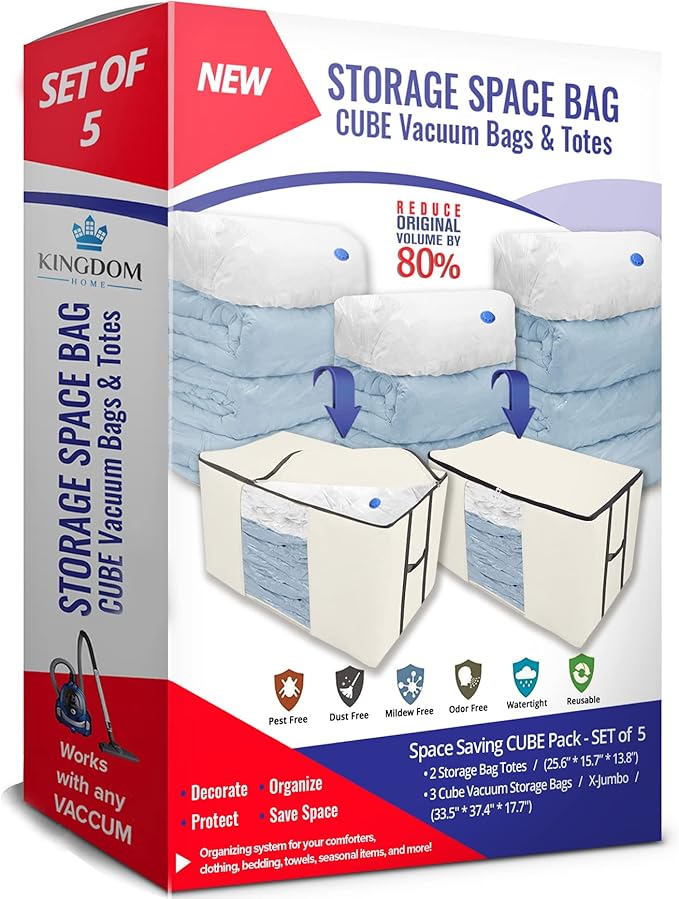 Cube Vacuum Storage Bags, Space Saver Bags, Decorative Totes with Cubic Vacuum Compression Seal Bags for Clothing & Bedding. Jumbo Organizer for Storing Clothes, Comforters, Blankets, Pillows & More!