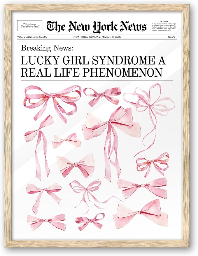 iHery Natural OAK Wood Trendy Retro Newspaper Framed Wall Art, Large 16x20 in Pink Bow Poster Vintage Canvas Wall Art, Beige Frame Lucky Girly Bedroom Bathroom Coquette Living Room Décor Set of 1