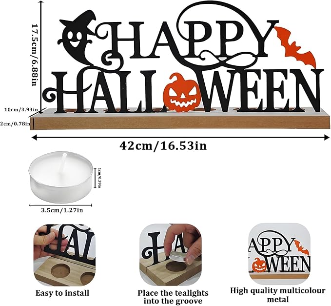 Happy Halloween Metal Sign Rustic Table Decorations with Wooden Base, Tiered Tray Decor with 18pcs Tealights, Table Centerpieces Metal Word Sign for Halloween Party Home Indoor Office Tabletop Mantel