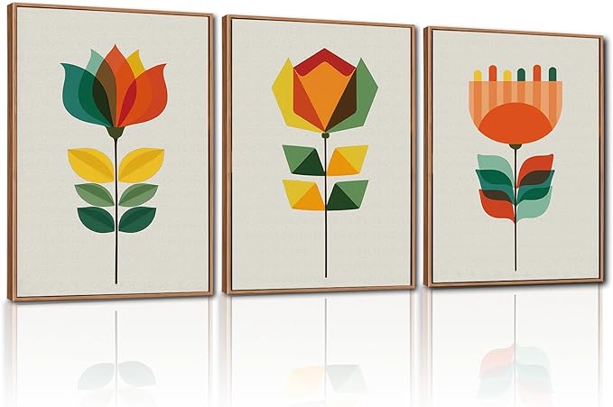 CHDITB Abstract Floral Framed Canvas Wall Art, Large Aesthetics Geometry Flowers Wall Decor, Neutral Geometric Lines Wall Painting, Modern Floral Art Prints for Living Room Bedroom Office 16"x24"x3