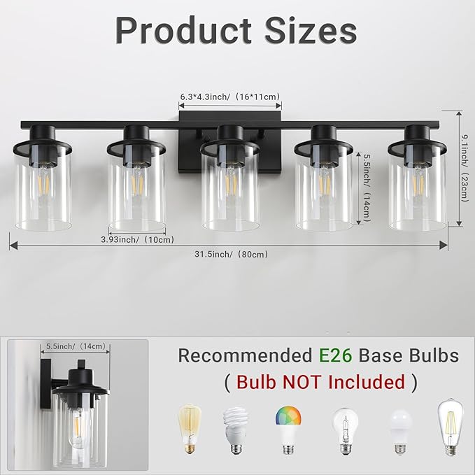 LOUSACE 5 Light Bathroom Vanity Light, Matte Black Bathroom Light Fixtures, Modern Bathroom Lights Over Mirror with Clear Glass Shade, Wall Sconce Lighting for Bedroom Living Room