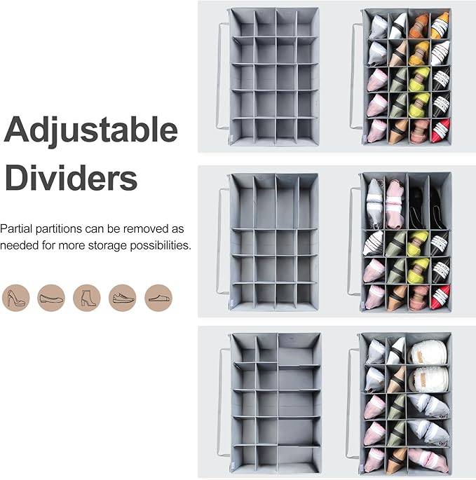 Shoe Organizer for Closet 2 Pack, Foldable Shoe Box with Adjustable Dividers and Clear Cover, Space Saving Shoe Storage Organizer Cabinet with Reinforced Handles, Fits 40 Pairs, Gray, TP11G