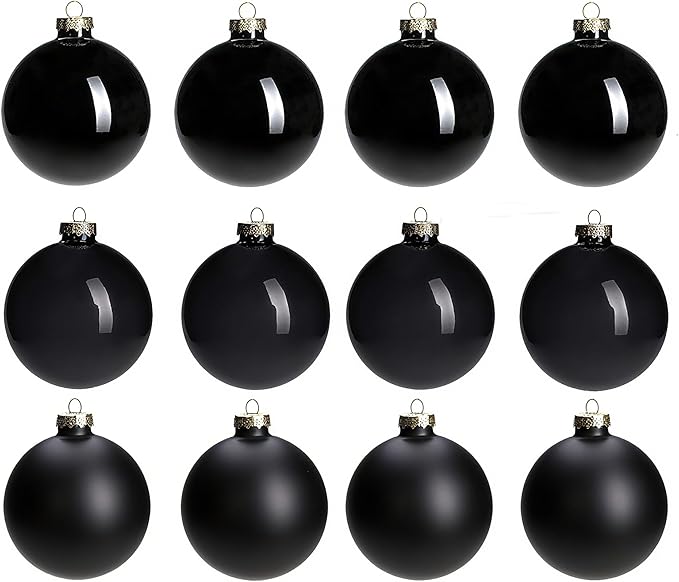 Black Glass Ornaments for Christmas Tree, Matte, Shiny, Clear Ball Ornaments, 12 Pcs Black Xmas Balls for Home Decoration, Thanksgiving, Party, DIY Gift