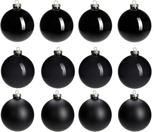 Black Glass Ornaments for Christmas Tree, Matte, Shiny, Clear Ball Ornaments, 12 Pcs Black Xmas Balls for Home Decoration, Thanksgiving, Party, DIY Gift