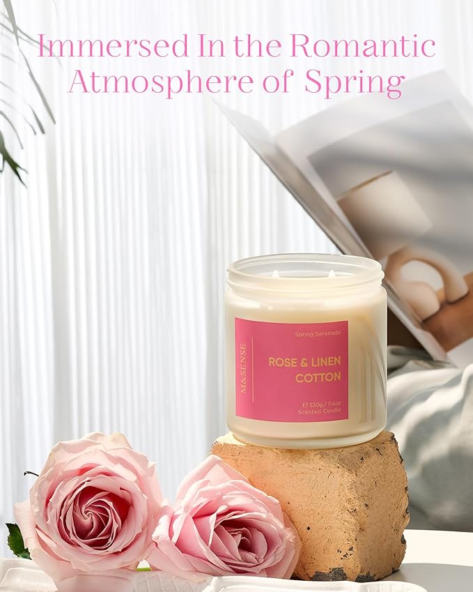 M&SENSE Rose Linen Cotton Spring Scented Candle - 11.6oz Natural Soy Wax Non Toxic Candle for Mothers Day 70-Hour Slow-Burning Time Aromatherapy Gifts for Women & Home Decor