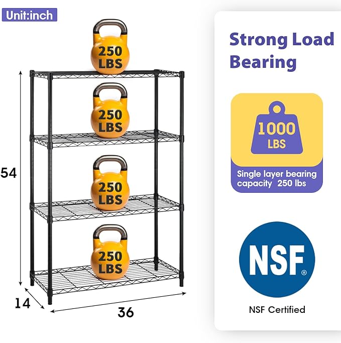 PayLessHere | 4-Tier Wire Shelf | 36"x14"x54" | Black | Adjustable Racks | Heavy-Duty Storage Shelves, Holds Upto 1000 lbs | Rust-Resistant, No-Tool Assembly | for Home, Garage Shelving