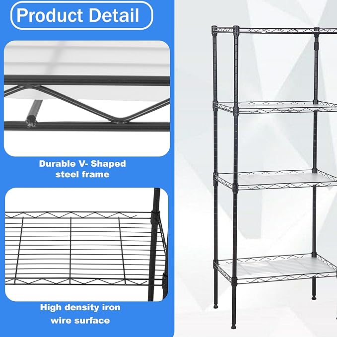 PayLessHere | 4-Tier Wire Shelf | 18"x12"x44" | Black | Adjustable Racks | Heavy-Duty Storage Shelves, Holds Upto 600 lbs | Rust-Resistant, No-Tool Assembly | for Home, Garage Shelving