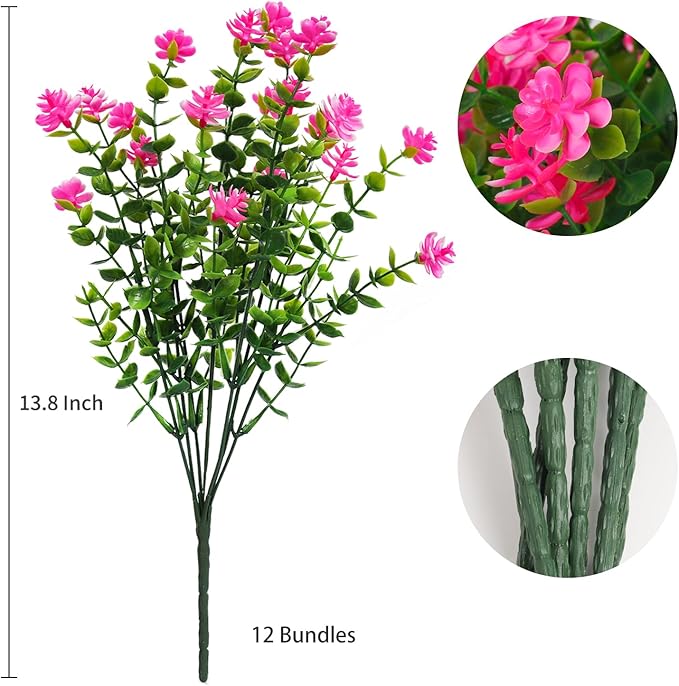 Outdoor Faux Flowers Artificial Plants & Flowers Boxwood Springs Artificial Outdoor Flowers UV Resistant Boxwood Greenery Artificial Uv Resistant Outdoor Plants Artificial Greenery Stems(Pink)