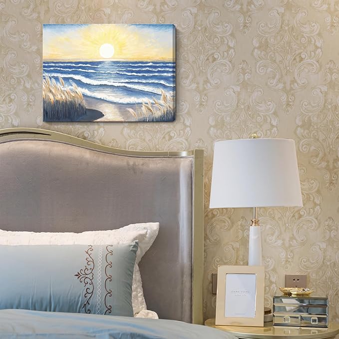 Bathroom Decor Wall Art Beach Sunset Blue Ocean Waves Nature Pictures Coastal Reeds Canvas Print Seaside Landscape Seashore Botanical Painting Seascape Artwork for Home Sea Lake Bedroom 12x16inch