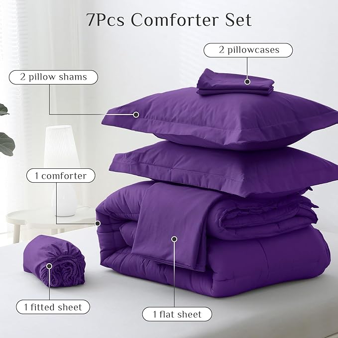 JOLLYVOGUE King Comforter Set, Ultra-Soft Bed in a Bag King Size 7 Pieces, Oeko-TEX Certified Bedding Set with Down Alternative Comforter, Sheets, Pillowcases & Shams, Purple