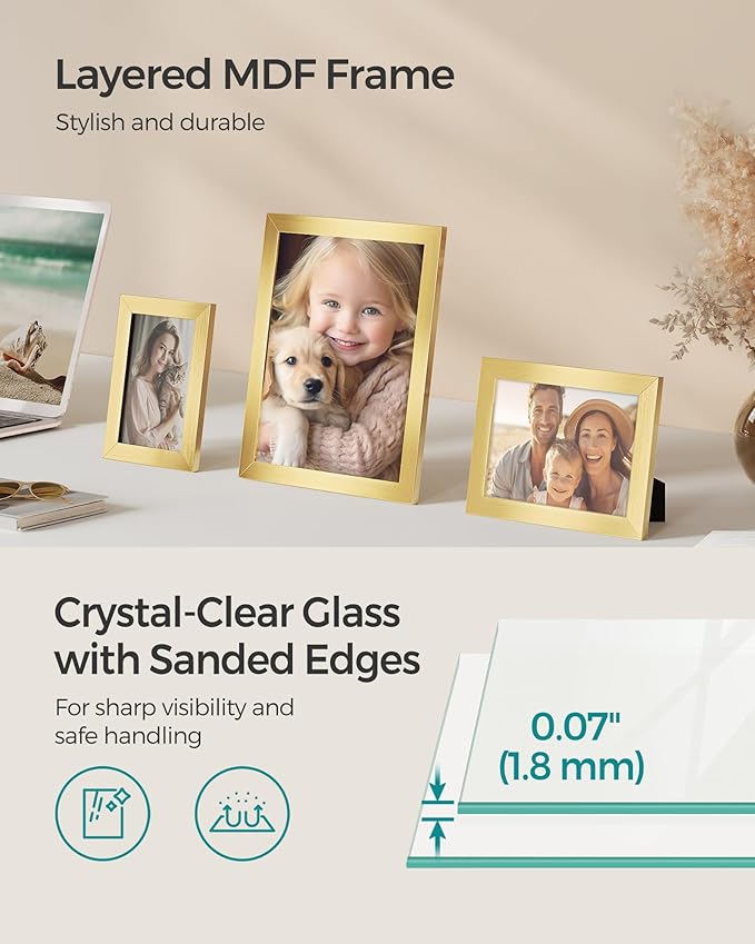 SONGMICS Picture Frames, Collage Picture Frames Set of 10, Two 8x10, Four 5x7, Four 4x6, Photo Frame for Wall Gallery Decor, Table Display, Glass, Pale Gold URPF010A01